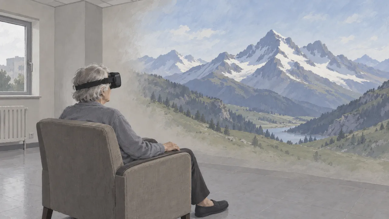 Illustration de Trav’Life : une résidente équipée d’un casque VR face à un paysage de montagne